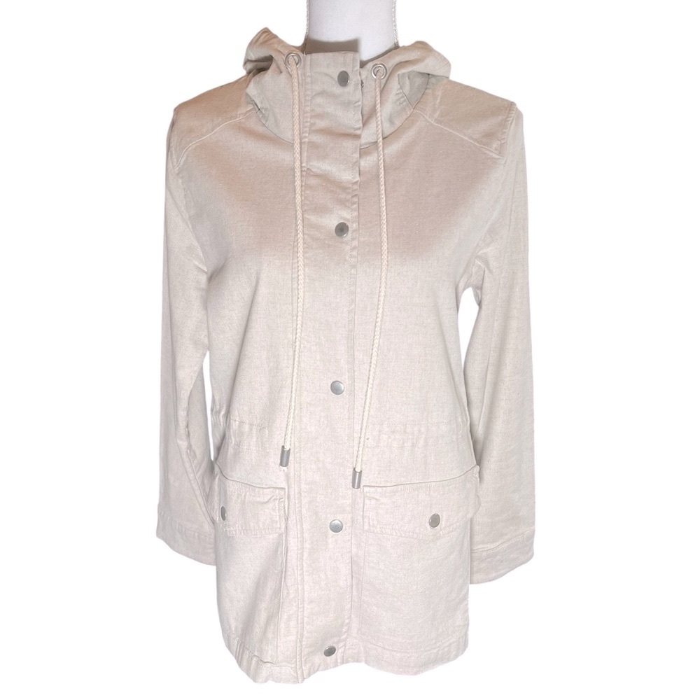 Market & Spruce Linen Blend Utility Jacket Hooded Cinch Waist Cream Oatmeal Sz M